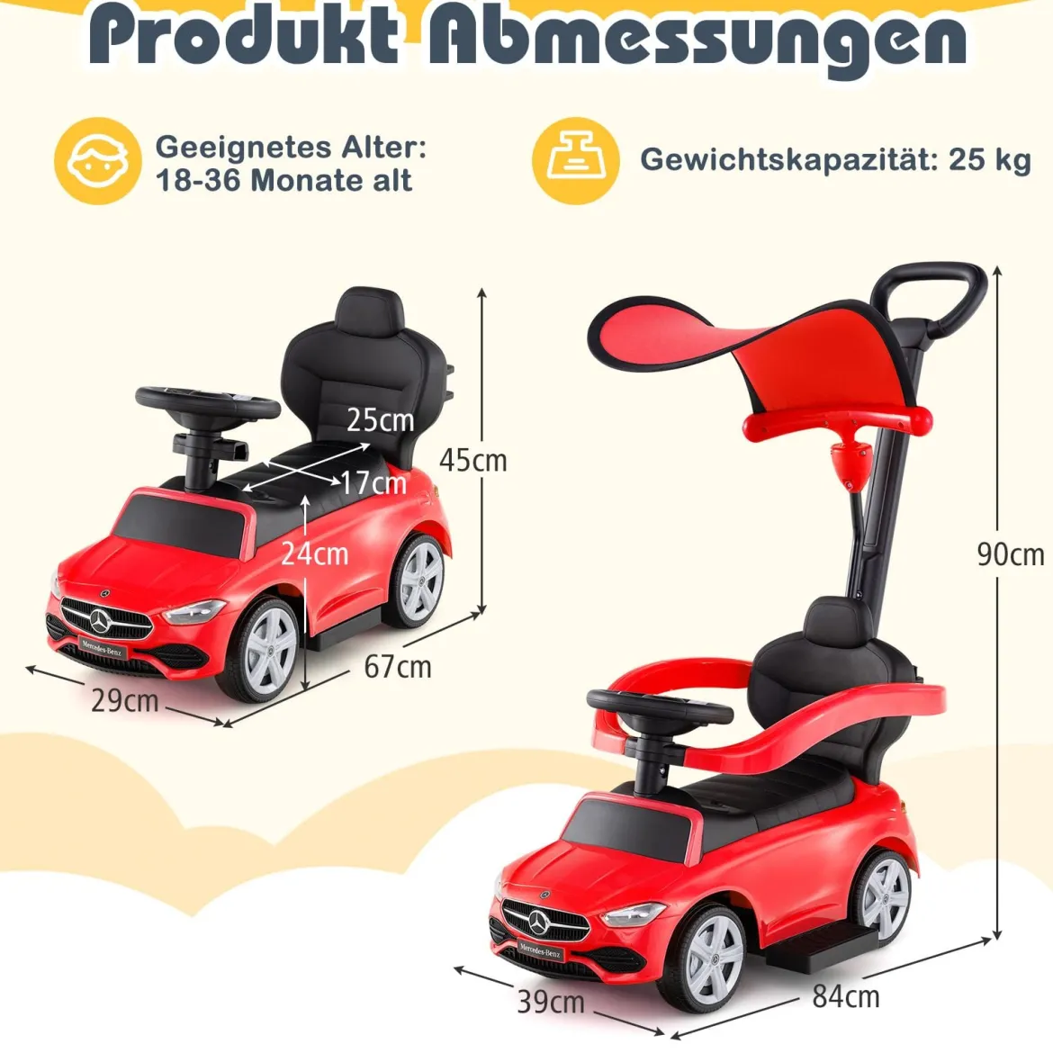 Mercedes-Benz Rutschauto 3-in-1 Rutschfahrzeug mit Schiebegriff Rutscher Auto für Kinder ab 1 Jahr Schwarz/Rosa/Weiß