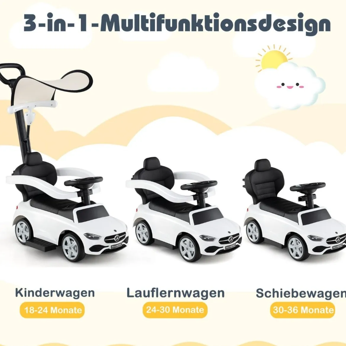 Mercedes-Benz Rutschauto 3-in-1 Rutschfahrzeug mit Schiebegriff Rutscher Auto für Kinder ab 1 Jahr Schwarz/Rosa/Weiß