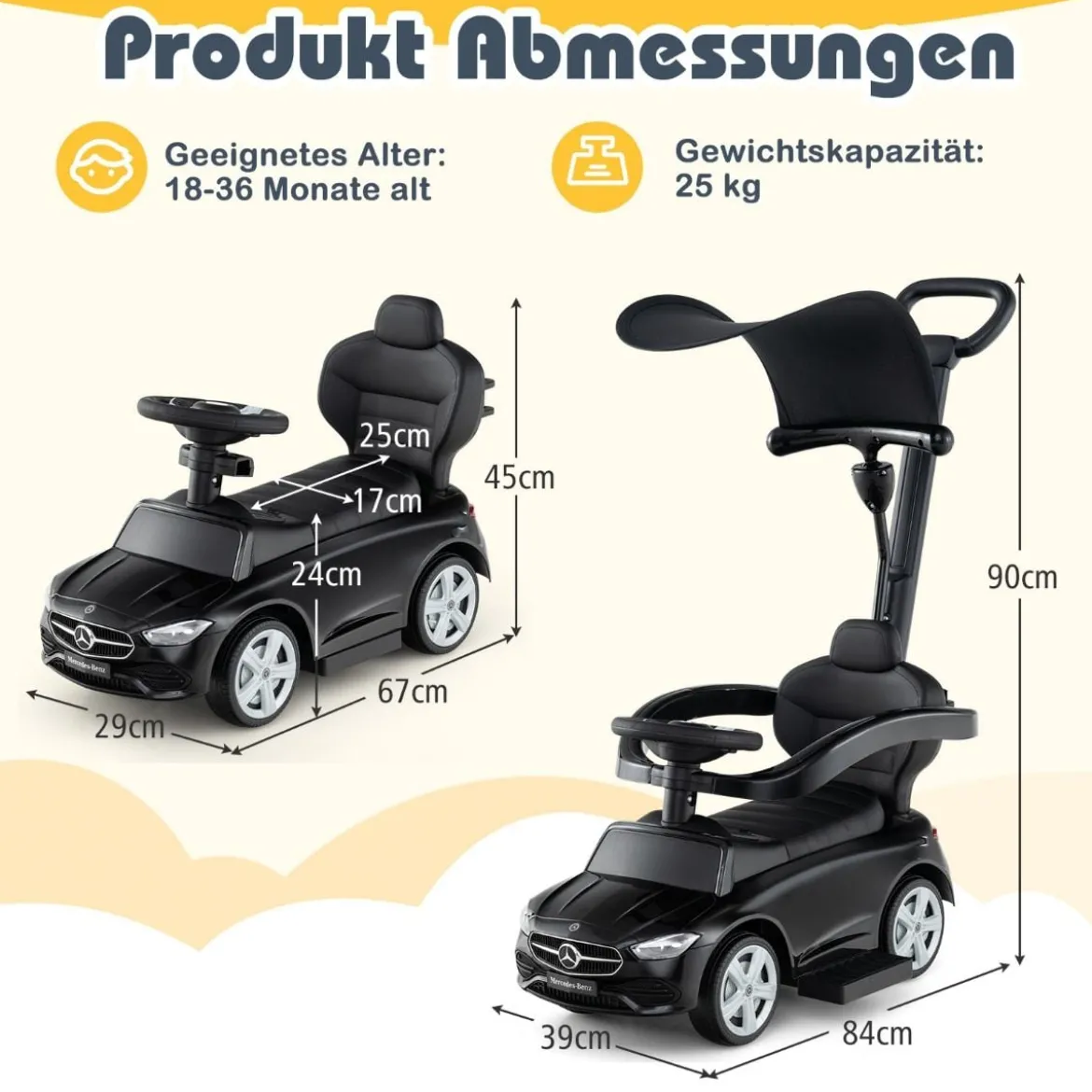 Mercedes-Benz Rutschauto 3-in-1 Rutschfahrzeug mit Schiebegriff Rutscher Auto für Kinder ab 1 Jahr Schwarz/Rosa/Weiß