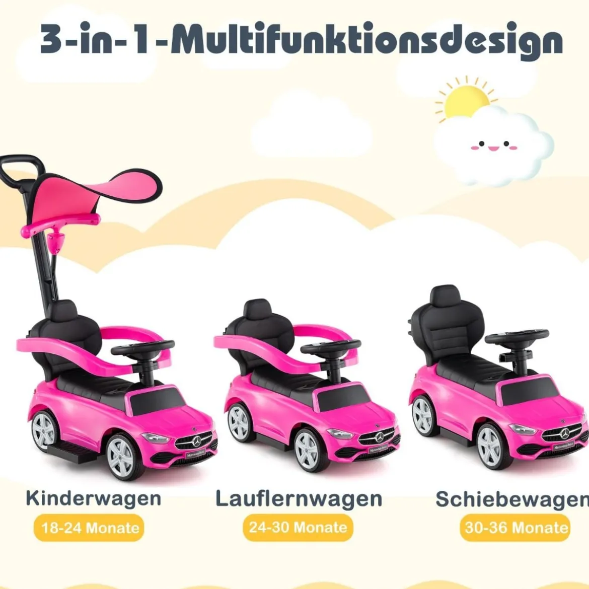 Mercedes-Benz Rutschauto 3-in-1 Rutschfahrzeug mit Schiebegriff Rutscher Auto für Kinder ab 1 Jahr Schwarz/Rosa/Weiß