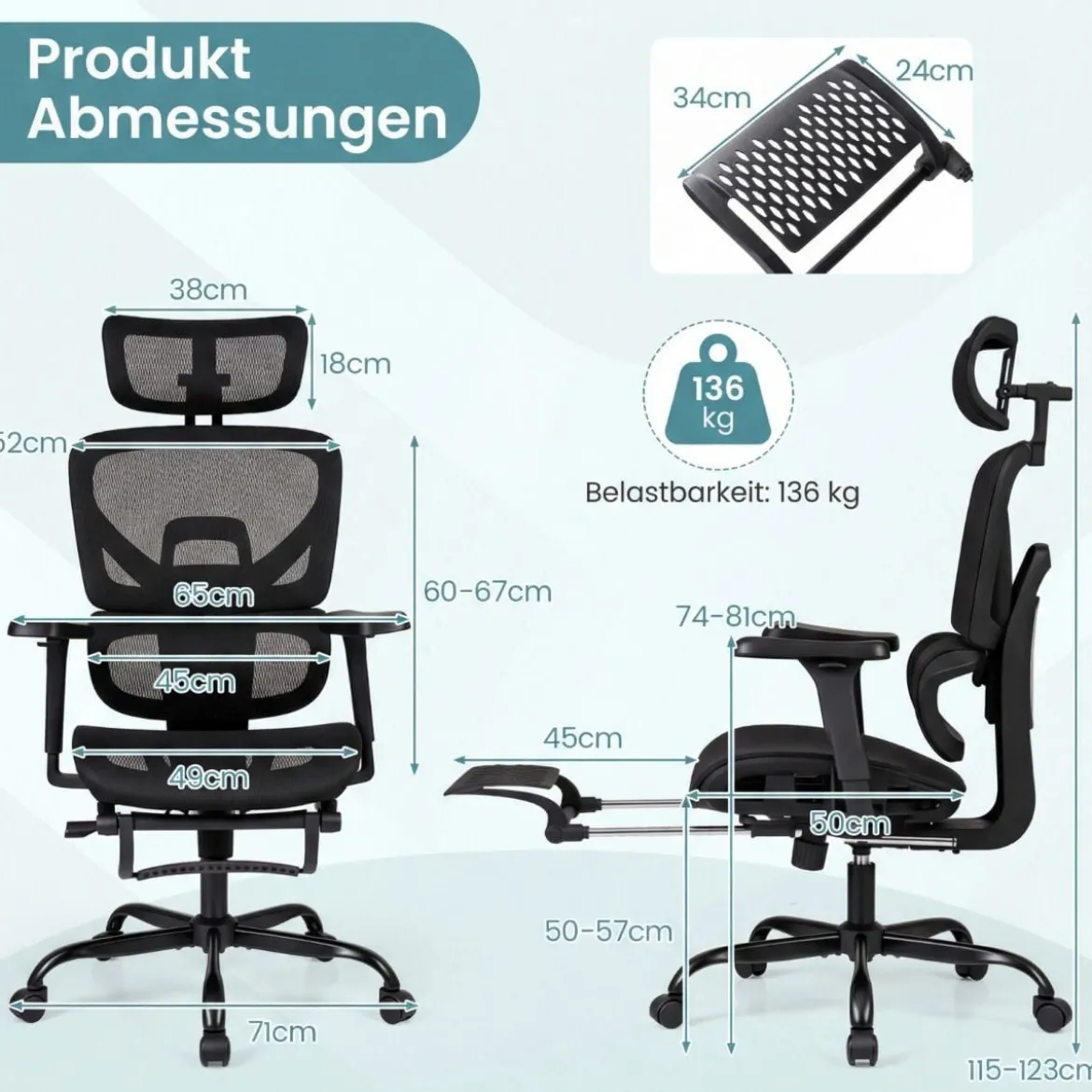 Mesh-Bürostuhl mit Fußstütze drehbarer & rollbarer Hochlehner-Schreibtischstuhl mit Lendenwirbelstütze Schwarz