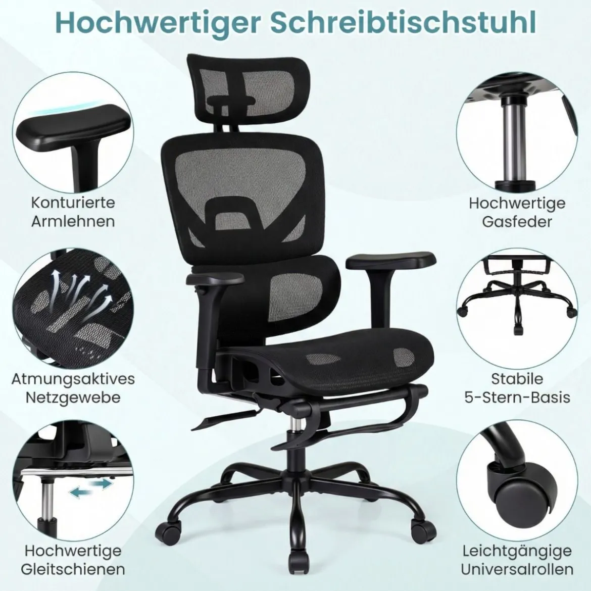 Mesh-Bürostuhl mit Fußstütze drehbarer & rollbarer Hochlehner-Schreibtischstuhl mit Lendenwirbelstütze Schwarz