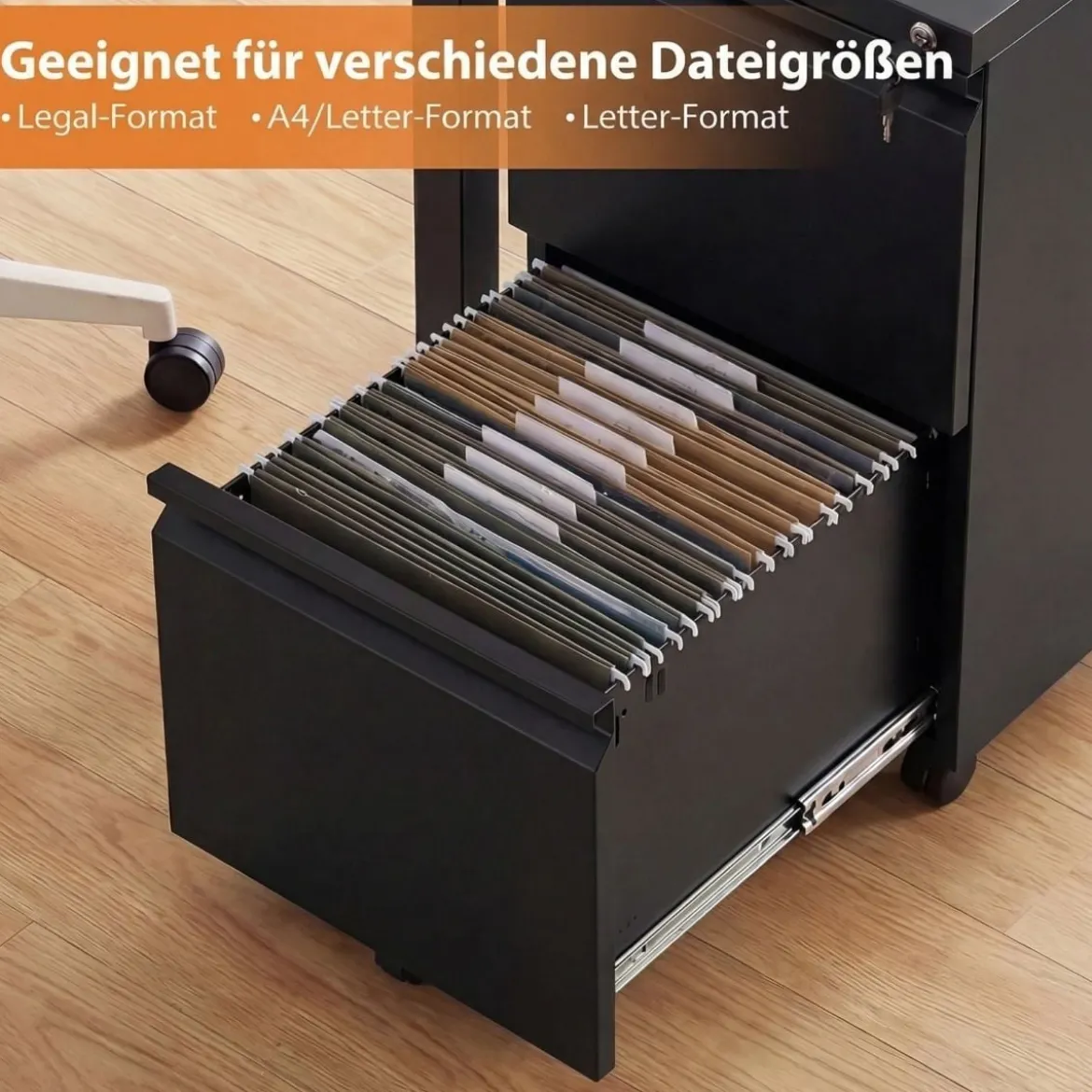 Metall Abschließbarer Rollcontainer mit 2 Schubladen & Hängeregistratur Aktenschrank Schwarz