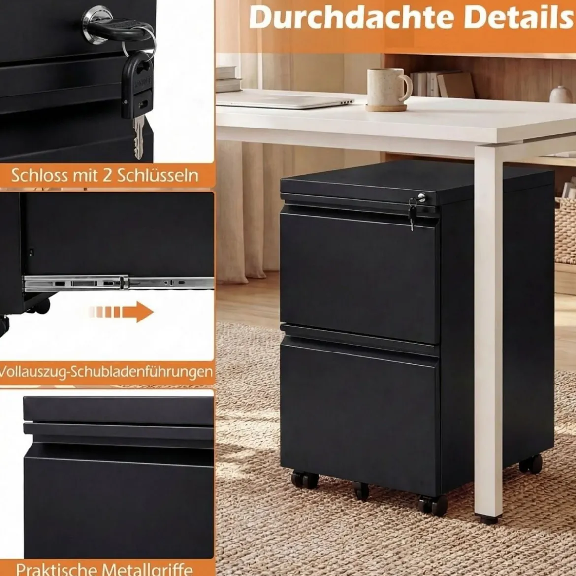 Metall Abschließbarer Rollcontainer mit 2 Schubladen & Hängeregistratur Aktenschrank Schwarz