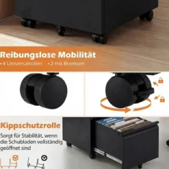 Metall Abschließbarer Rollcontainer mit 2 Schubladen & Hängeregistratur Aktenschrank Schwarz