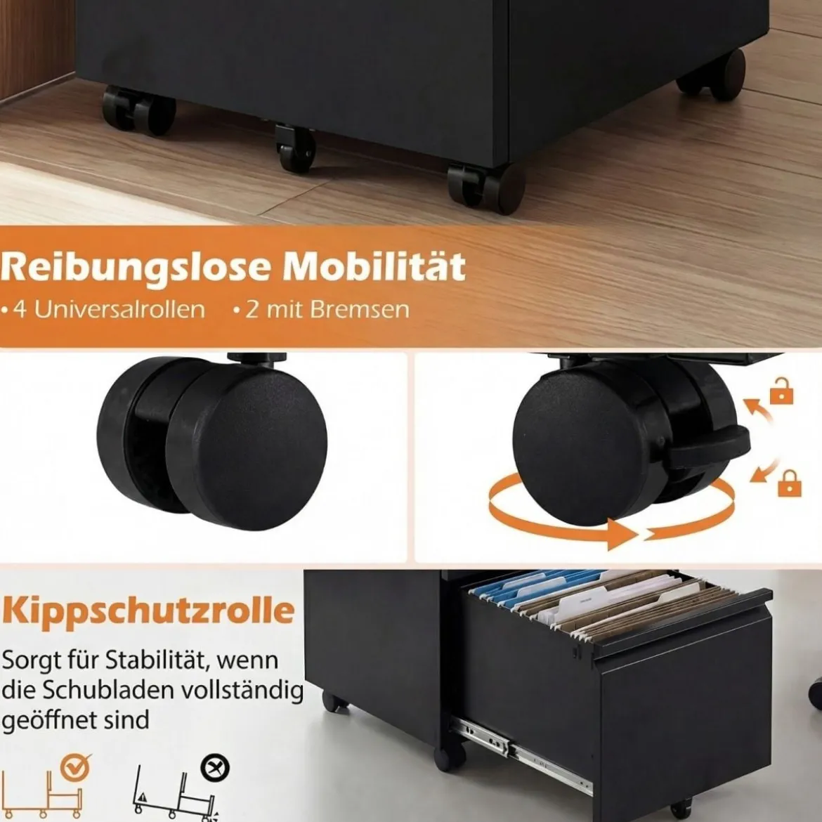 Metall Abschließbarer Rollcontainer mit 2 Schubladen & Hängeregistratur Aktenschrank Schwarz