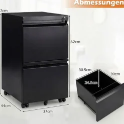 Metall Abschließbarer Rollcontainer mit 2 Schubladen & Hängeregistratur Aktenschrank Schwarz