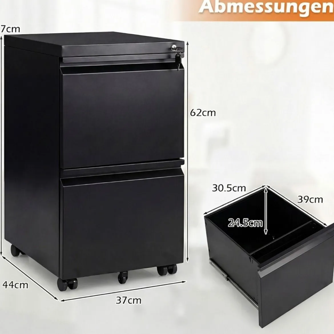 Metall Abschließbarer Rollcontainer mit 2 Schubladen & Hängeregistratur Aktenschrank Schwarz