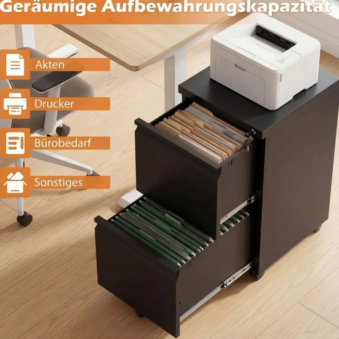 Metall Abschließbarer Rollcontainer mit 2 Schubladen & Hängeregistratur Aktenschrank Schwarz