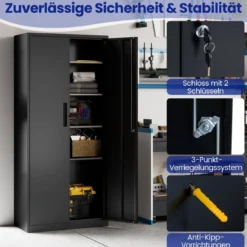 Metall-Aufbewahrungsschrank mit 2 abschließbaren Türen 180 cm hohes Werkzeugschrank für Garage Schwarz