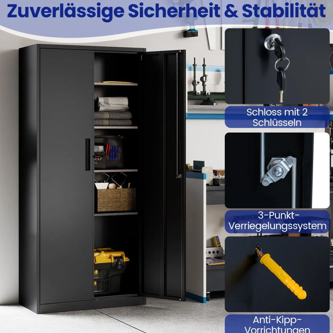 Metall-Aufbewahrungsschrank mit 2 abschließbaren Türen 180 cm hohes Werkzeugschrank für Garage Schwarz