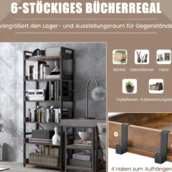 Metall Bücherregal mit 6 Ebenen & 4 Hacken Standregal Büroregal Industrie-Design Vintage