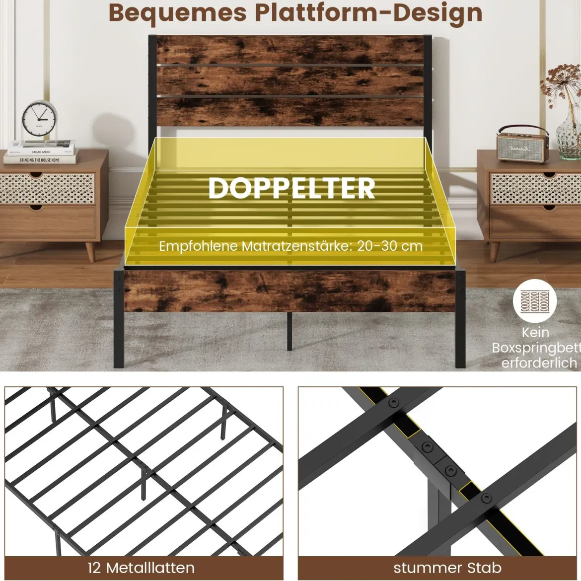 Metallbett Bettgestell für 200 x 140 cm Matratze Doppelbettgestell Bettrahmen mit Lattenrost & Stauraum
