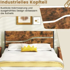 Metallbett Bettgestell für 200 x 140 cm Matratze industrielles Plattformbett mit Holzkopf- und Fußteil Rustikales Braun