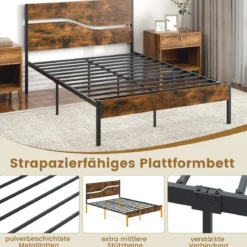Metallbett Bettgestell für 200 x 140 cm Matratze industrielles Plattformbett mit Holzkopf- und Fußteil Rustikales Braun