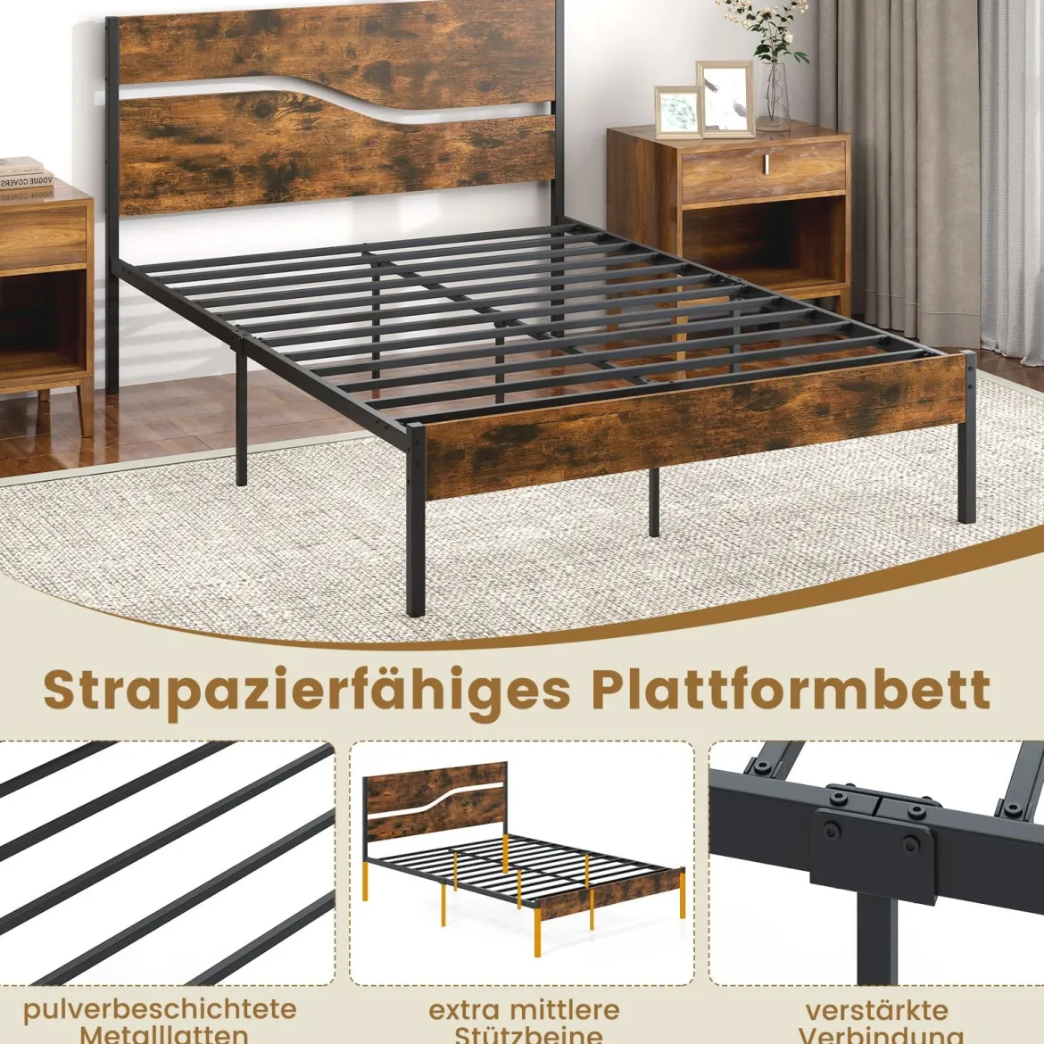 Metallbett Bettgestell für 200 x 140 cm Matratze industrielles Plattformbett mit Holzkopf- und Fußteil Rustikales Braun