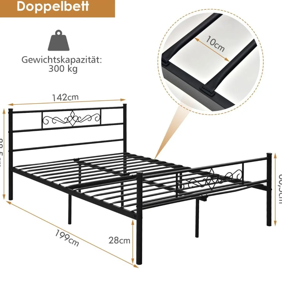 Metallbett Bettgestell für 190 x 140 cm Matratze Bettrahmen mit Lattenrost Doppelbettgestell Schwarz
