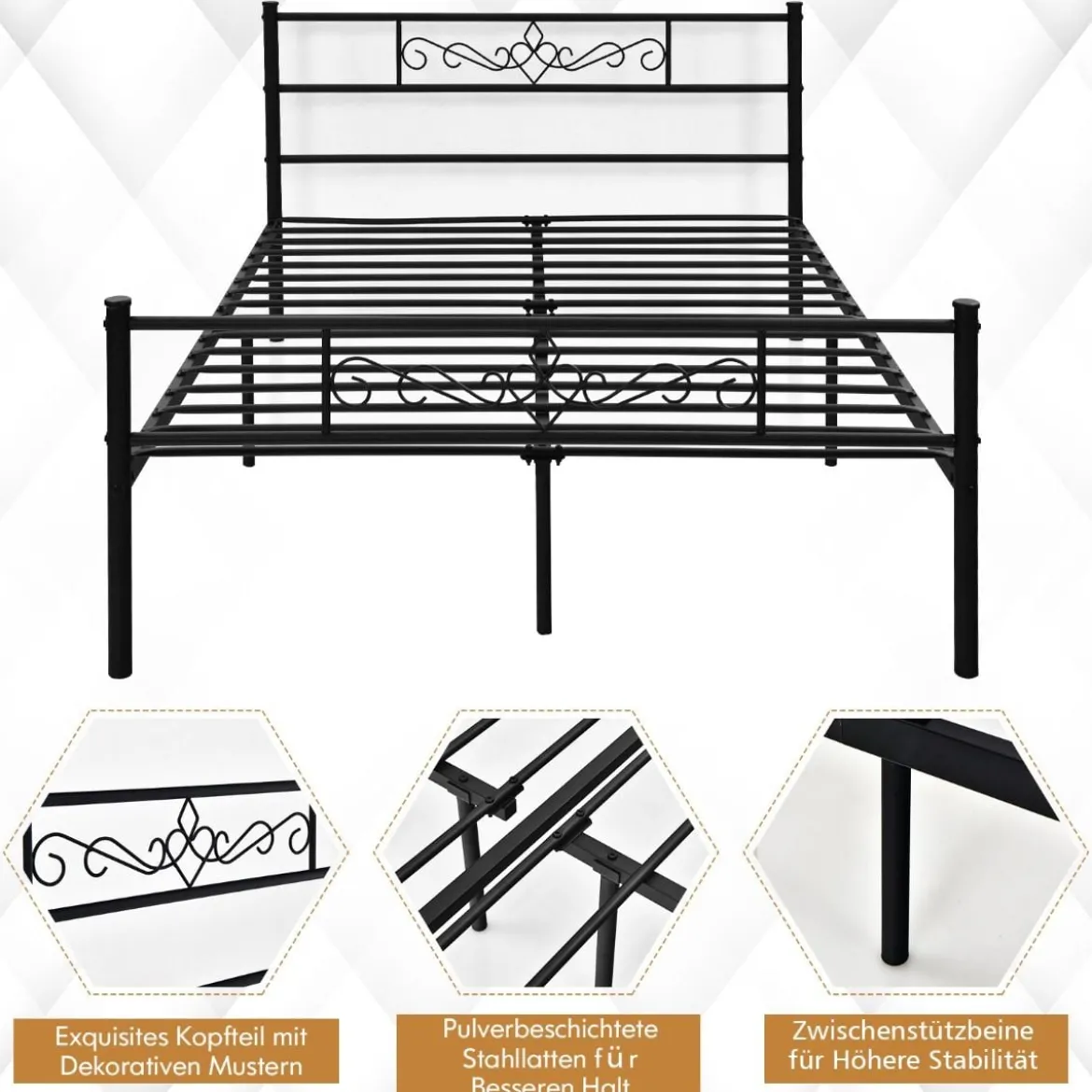 Metallbett Bettgestell für 190 x 140 cm Matratze Bettrahmen mit Lattenrost Doppelbettgestell Schwarz