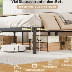 Metall-Bettgestell in Full Size Plattformbett für Matratze Stauraum unter dem Bett Schwarz