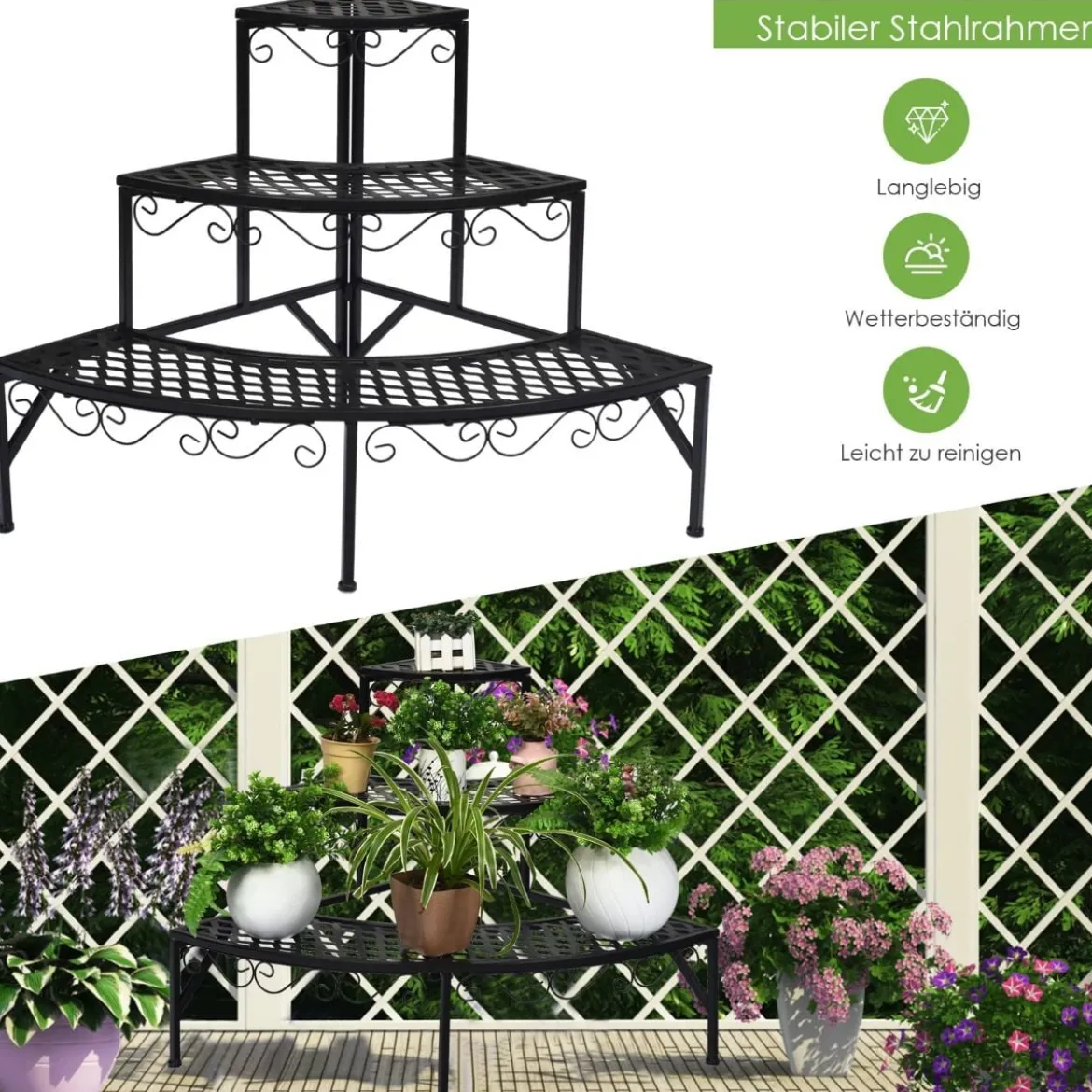 Metall-Blumenregal 3-Stufiger Pflanzenständer 59 x 59 x 60 cm Schwarz