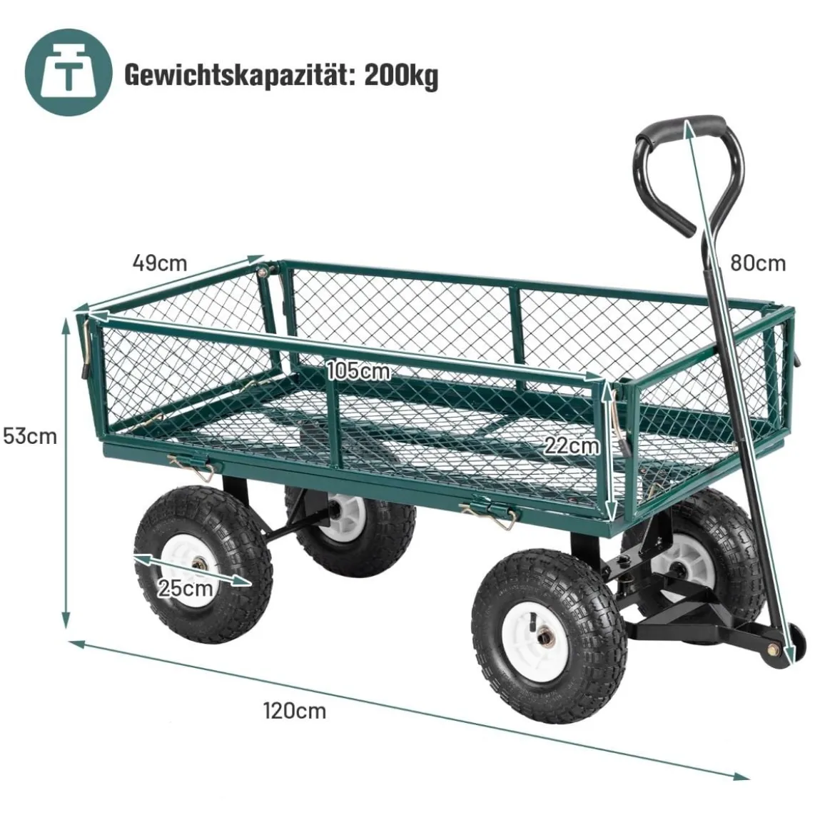 Metall Bollerwagen mit Abnehmbaren Seitenteilen & Griff & 25 cm Gummirädern Transportwagen