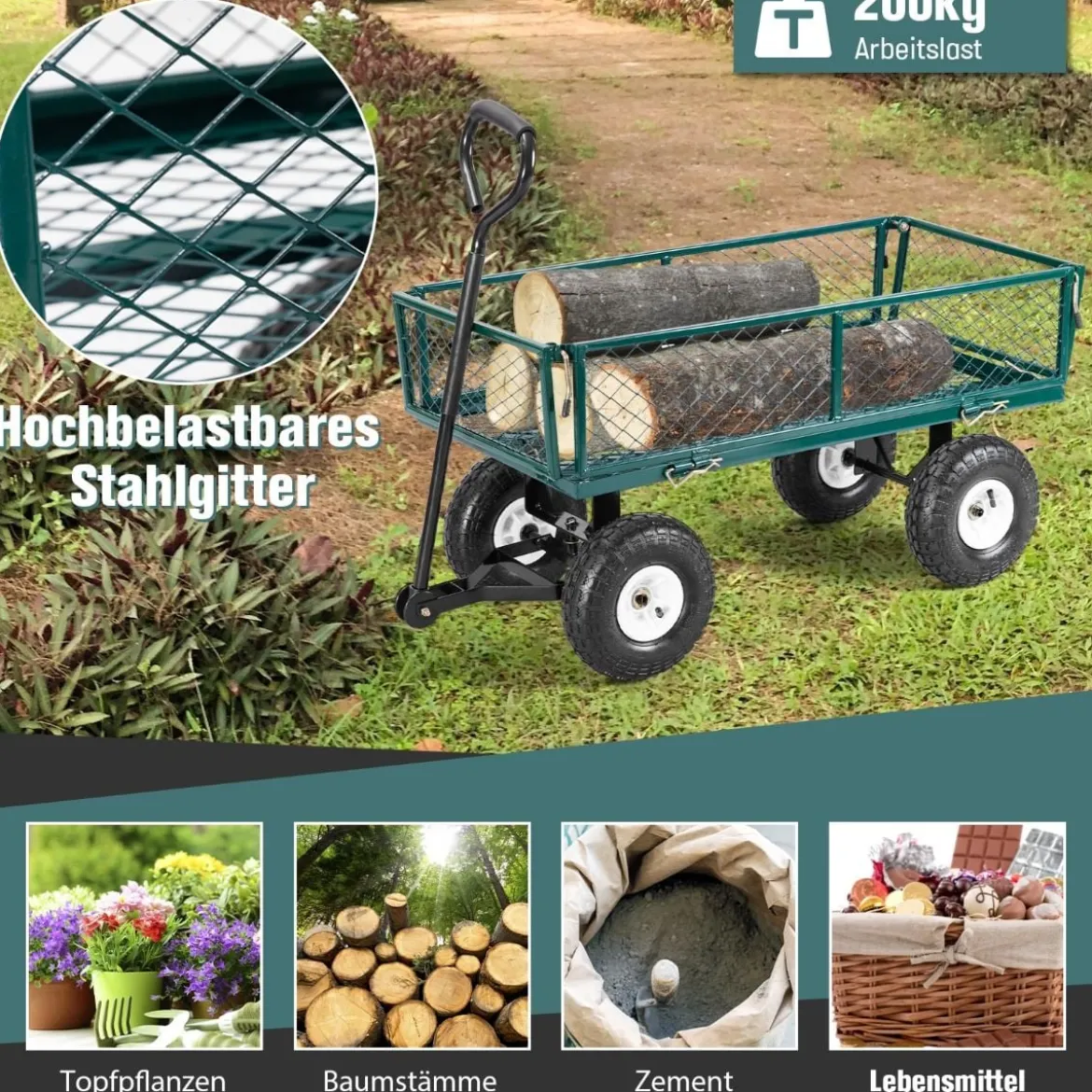 Metall Bollerwagen mit Abnehmbaren Seitenteilen & Griff & 25 cm Gummirädern Transportwagen