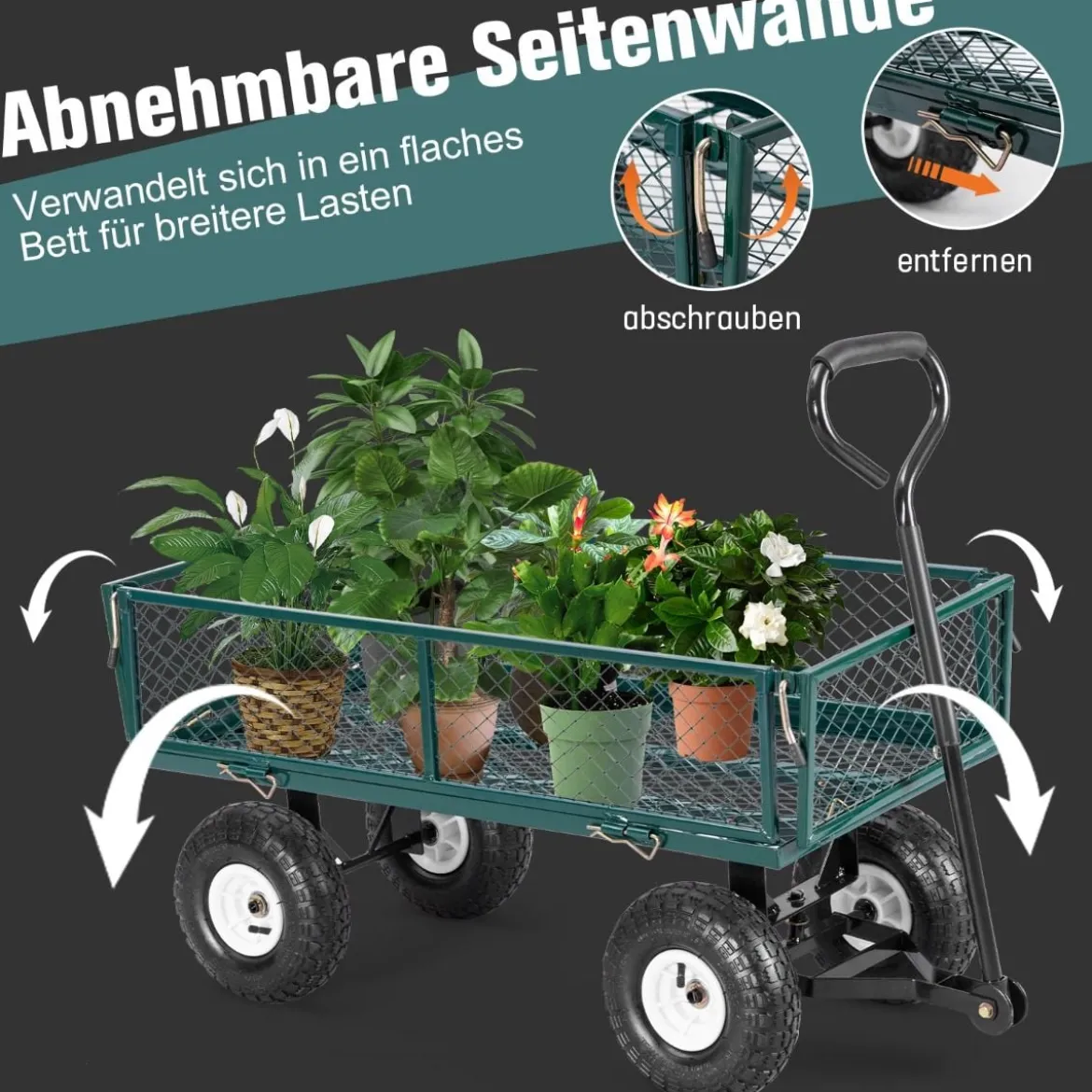 Metall Bollerwagen mit Abnehmbaren Seitenteilen & Griff & 25 cm Gummirädern Transportwagen