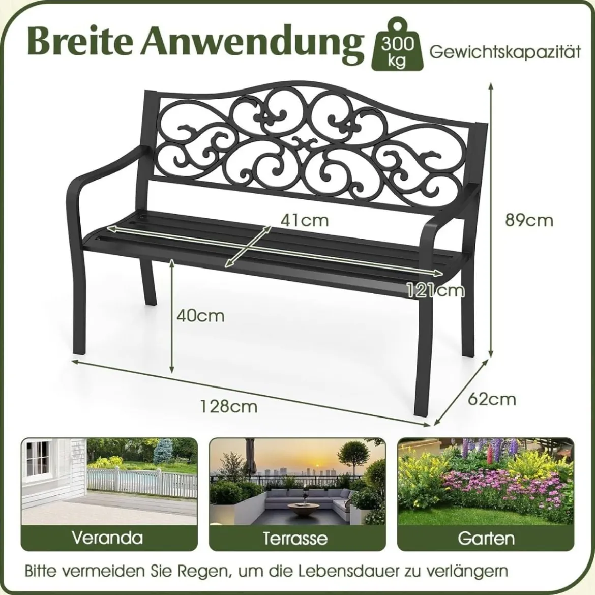 Metall Gartenbank für 2 Sitzer mit Rückenlehne & Armlehne Sitzbank Parkbank Eisenbank