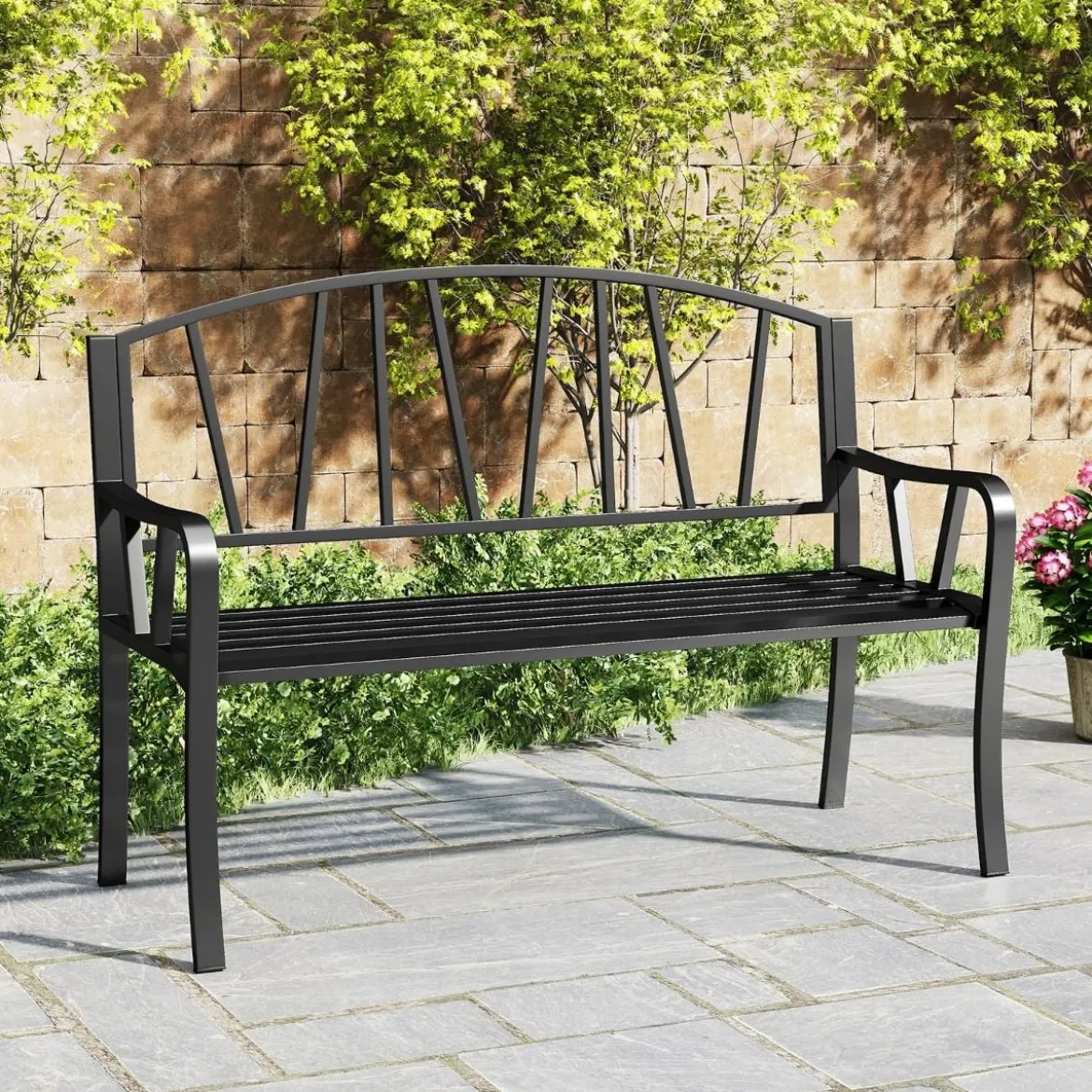 Metall Gartenbank für 2 Sitzer mit Rückenlehne & Armlehne Wetterfeste Sitzbank Metallbank