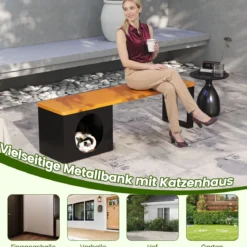 Metall Gartenbank mit Katzenhaus 3-Sitzer Sitzbank ohne Rückenlehne Balkonbank Metallbank