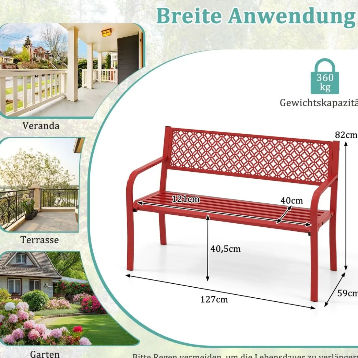 Metall Gartenbank Wetterfeste Sitzbank für 2 Personen Balkonbank mit Rückenlehne