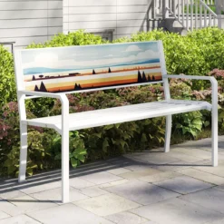 Metall Gartenbank Wetterfeste Sitzbank für 2 Sitzer Parkbank bis 300 kg Belastbar Weiß