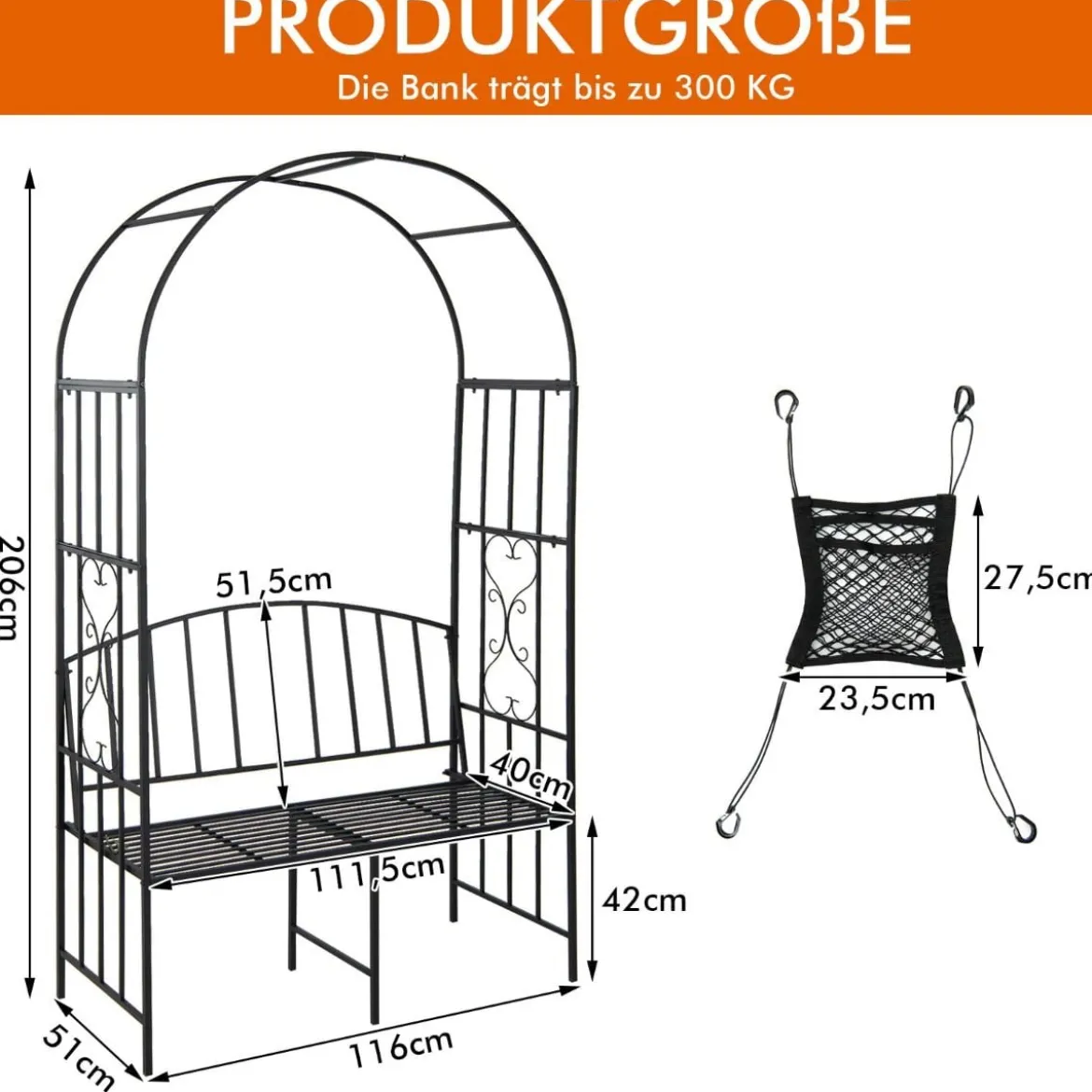Metall-Gartenbogen mit 2er-Sitzbank & Aufbewahrungstasche Torbogen