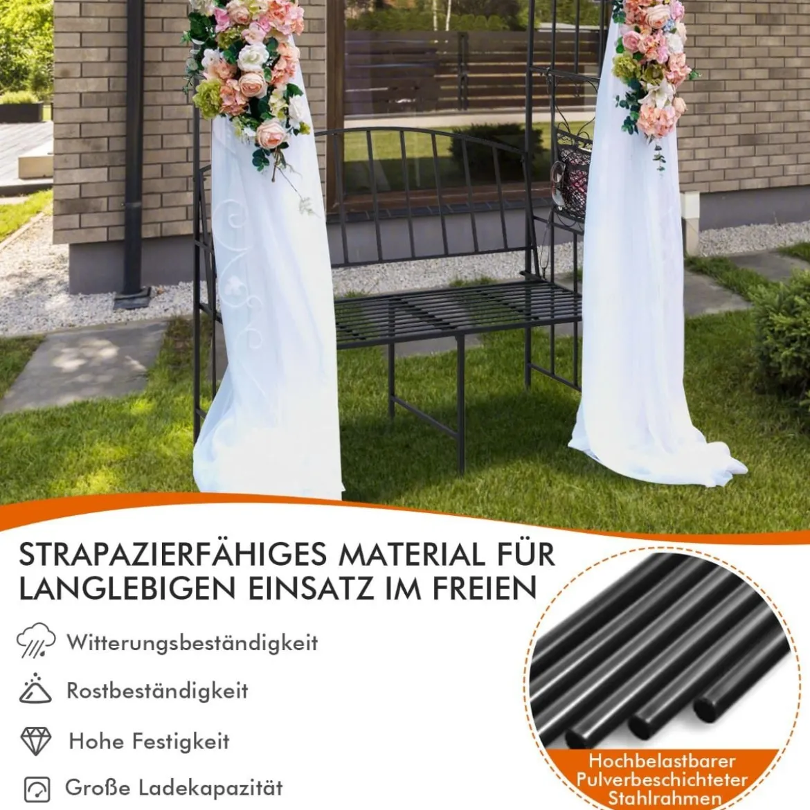 Metall-Gartenbogen mit 2er-Sitzbank & Aufbewahrungstasche Torbogen