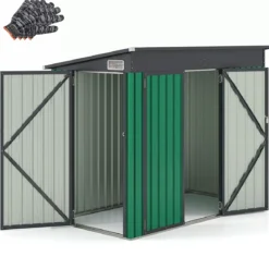 Metall Gartenhaus mit Vordertür & Seitentür & Pultdach Gerätehaus Geräteschuppen Grün
