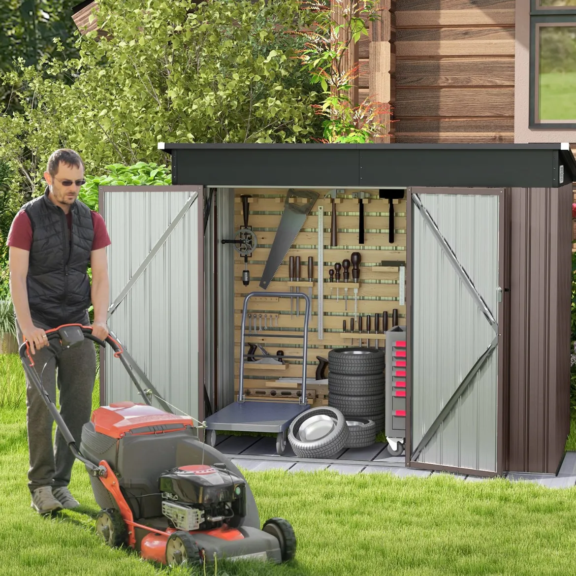 Metall Gartenhaus mit Vordertür & Seitentür & Pultdach Gerätehaus Geräteschuppen 235 x 117 x 185 cm Hellbraun