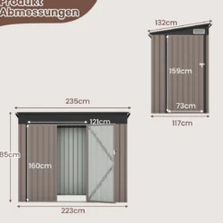 Metall Gartenhaus mit Vordertür & Seitentür & Pultdach Gerätehaus Geräteschuppen 235 x 117 x 185 cm Hellbraun