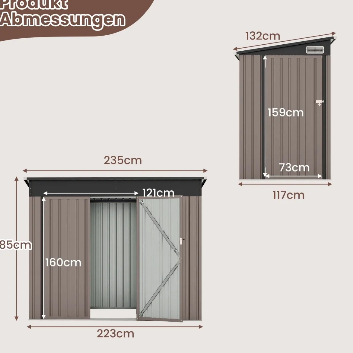 Metall Gartenhaus mit Vordertür & Seitentür & Pultdach Gerätehaus Geräteschuppen 235 x 117 x 185 cm Hellbraun