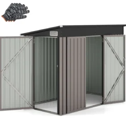 Metall Gartenhaus mit Vordertür & Seitentür & Pultdach Gerätehaus Geräteschuppen 235 x 117 x 185 cm Hellbraun