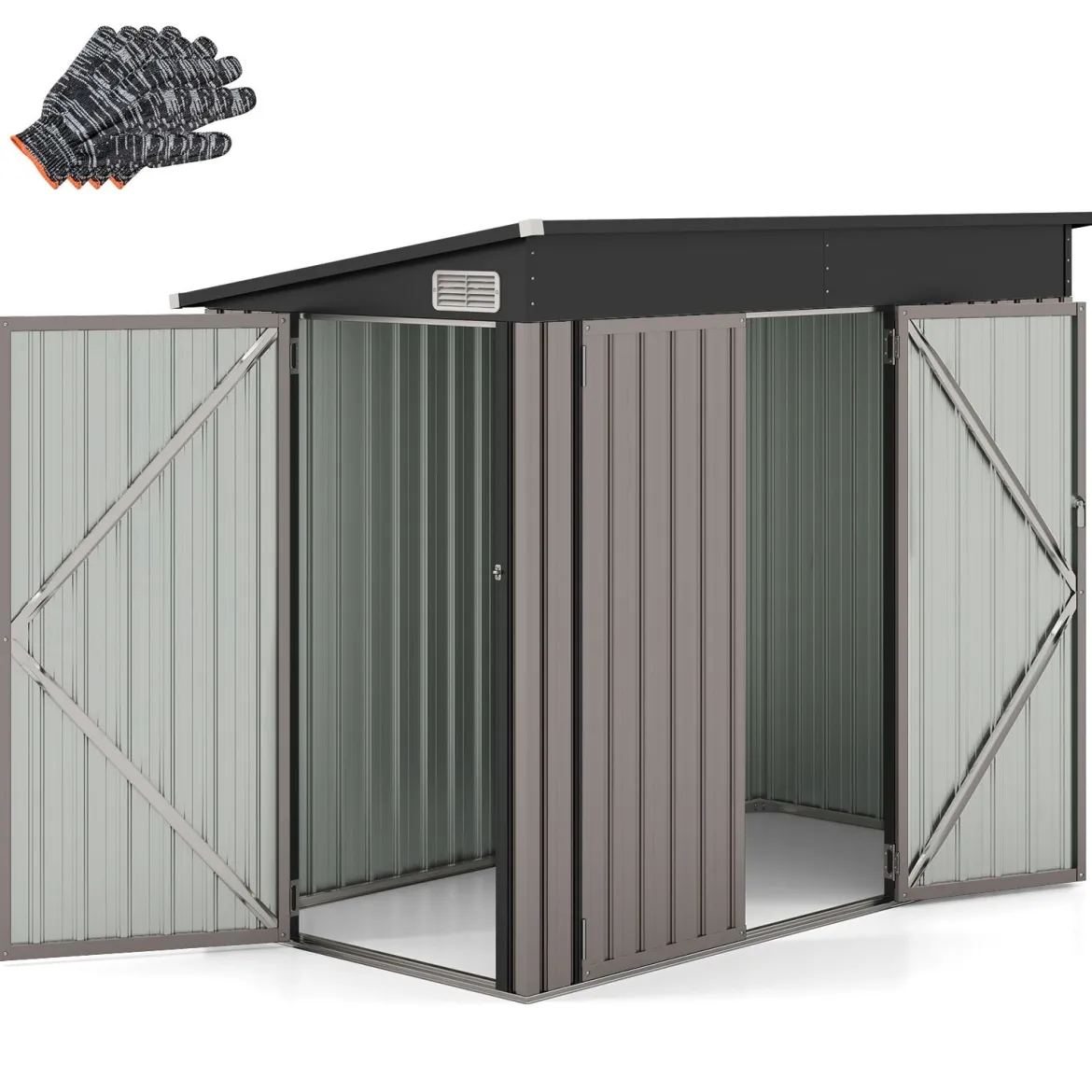 Metall Gartenhaus mit Vordertür & Seitentür & Pultdach Gerätehaus Geräteschuppen 235 x 117 x 185 cm Hellbraun