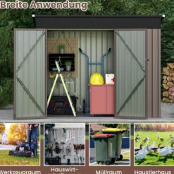Metall Gartenhaus mit Vordertür & Seitentür & Pultdach Gerätehaus Geräteschuppen 235 x 117 x 185 cm Hellbraun