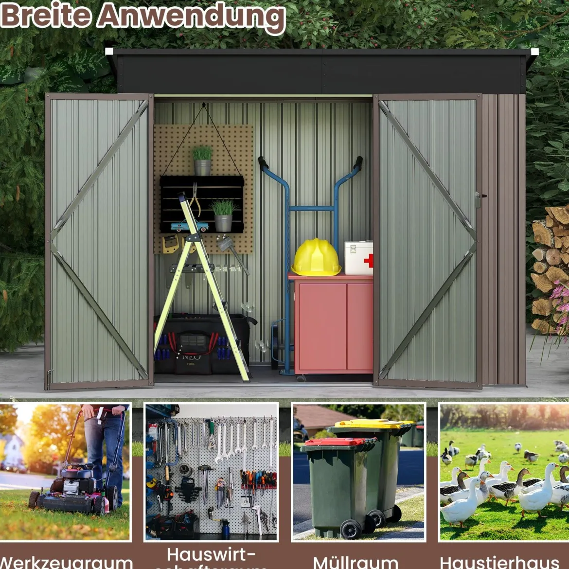 Metall Gartenhaus mit Vordertür & Seitentür & Pultdach Gerätehaus Geräteschuppen 235 x 117 x 185 cm Hellbraun