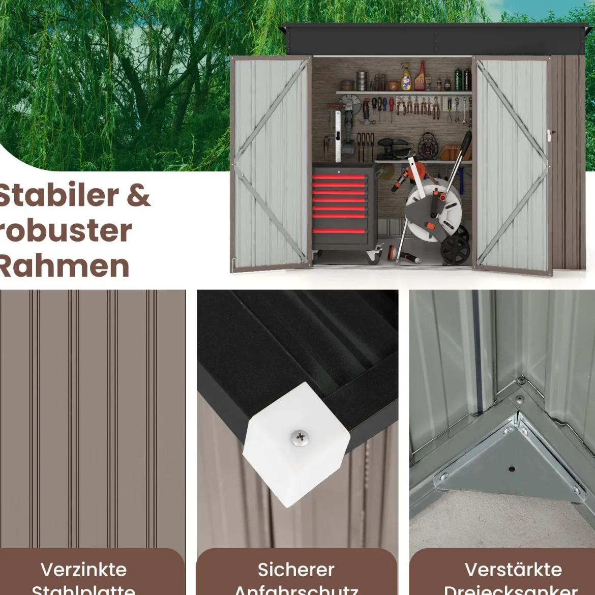 Metall Gartenhaus mit Vordertür & Seitentür & Pultdach Gerätehaus Geräteschuppen 235 x 117 x 185 cm Hellbraun