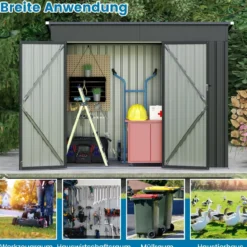 Metall Gartenhaus mit Vordertür & Seitentür & Pultdach Gerätehaus Geräteschuppen