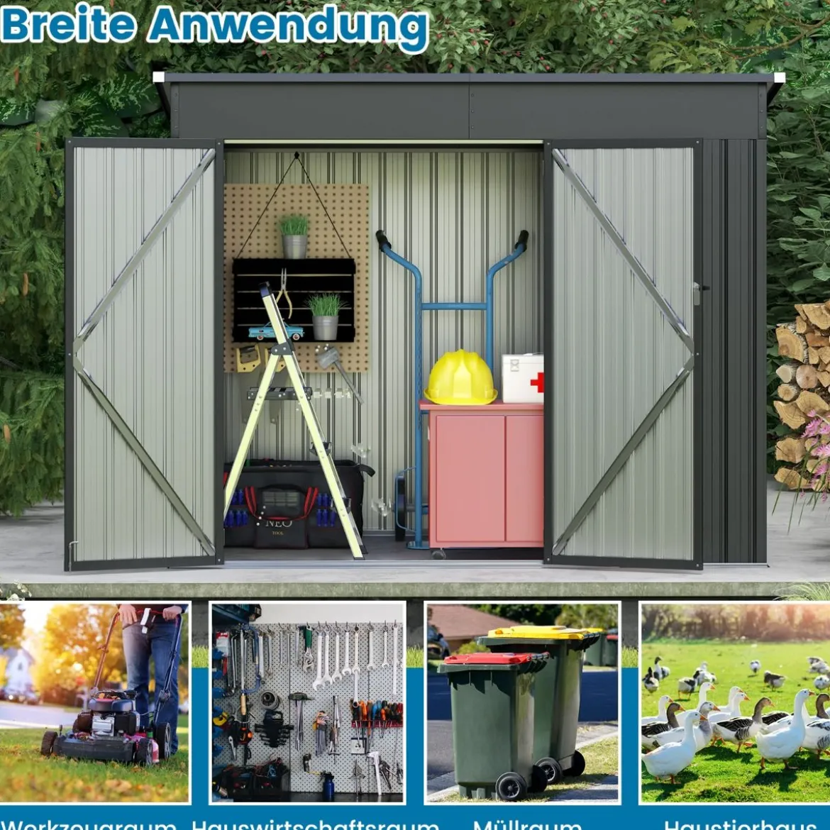 Metall Gartenhaus mit Vordertür & Seitentür & Pultdach Gerätehaus Geräteschuppen