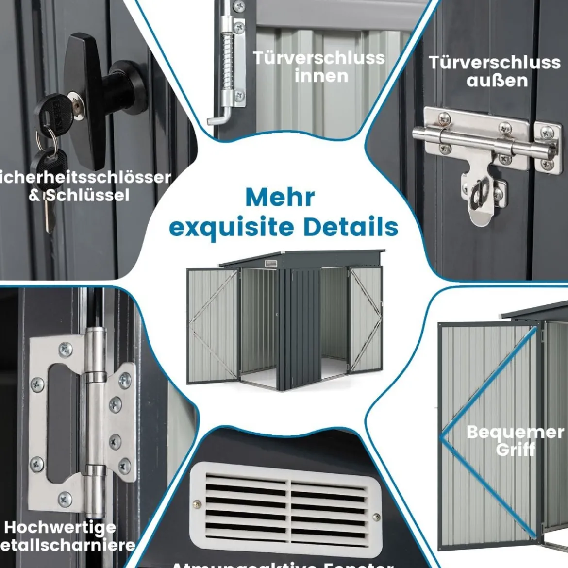 Metall Gartenhaus mit Vordertür & Seitentür & Pultdach Gerätehaus Geräteschuppen