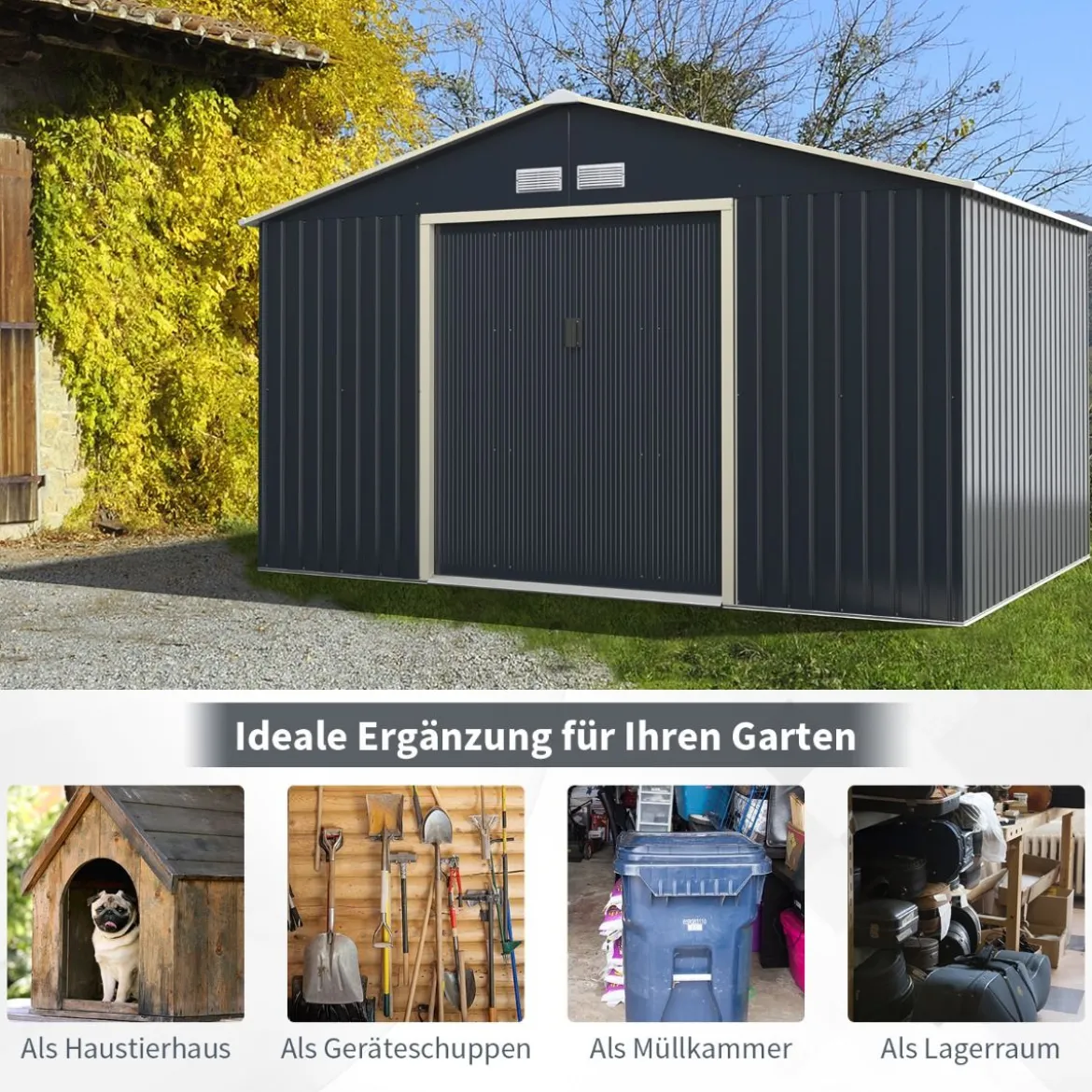 Metall Gerätehaus + 2 Erweitung Set Geräteschuppen mit 4 Luftschlitzen & Schiebetür Abschließbar Erweitert
