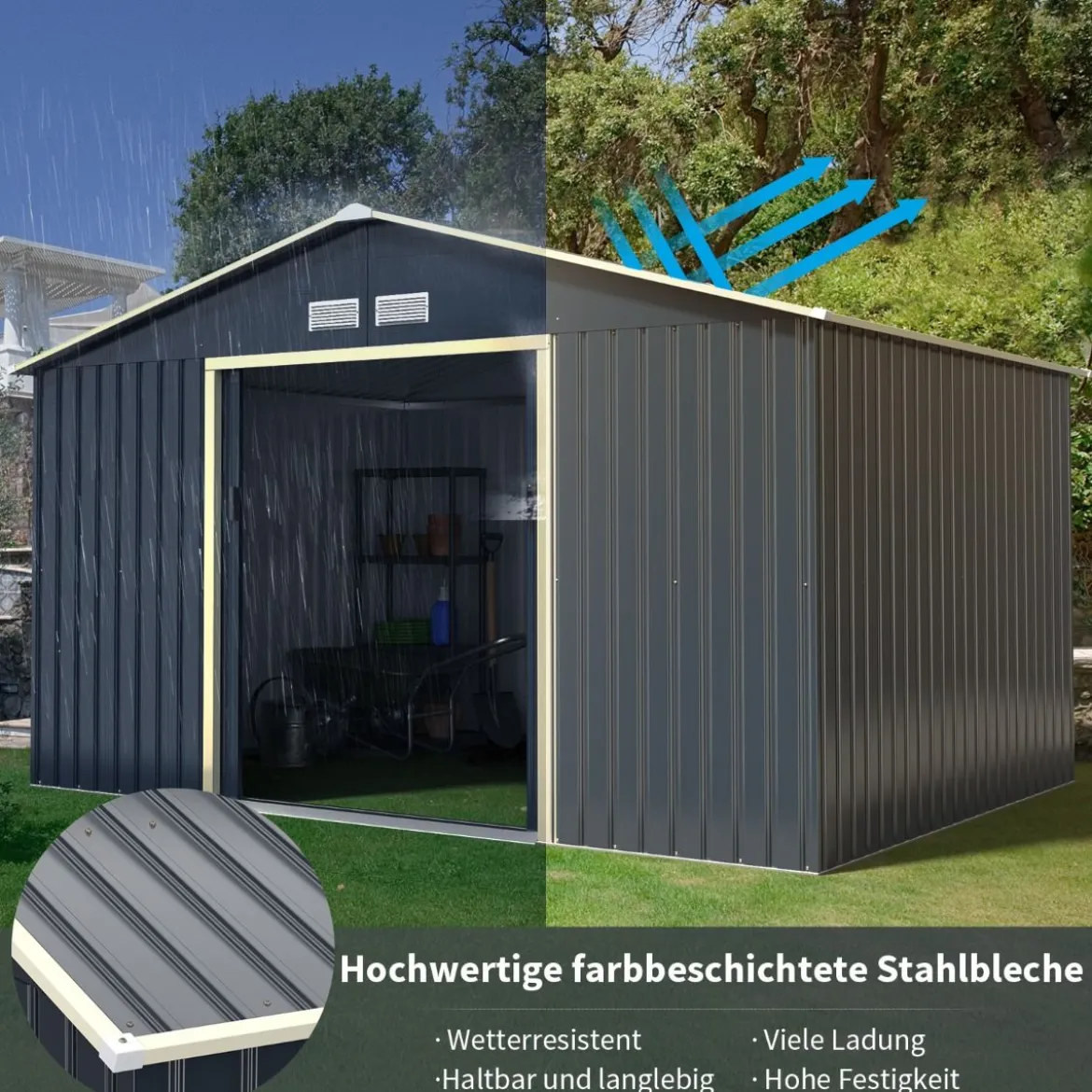 Metall Gerätehaus + 2 Erweitung Set Geräteschuppen mit 4 Luftschlitzen & Schiebetür Abschließbar Erweitert