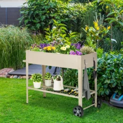 Metall Hochbeet mit Ablage & 2 Rollen & Haken & Griff Erhöhtes Gartenbeet Pflanzkasten Weiß