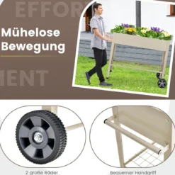 Metall Hochbeet mit Ablage & 2 Rollen & Haken & Griff Erhöhtes Gartenbeet Pflanzkasten Weiß